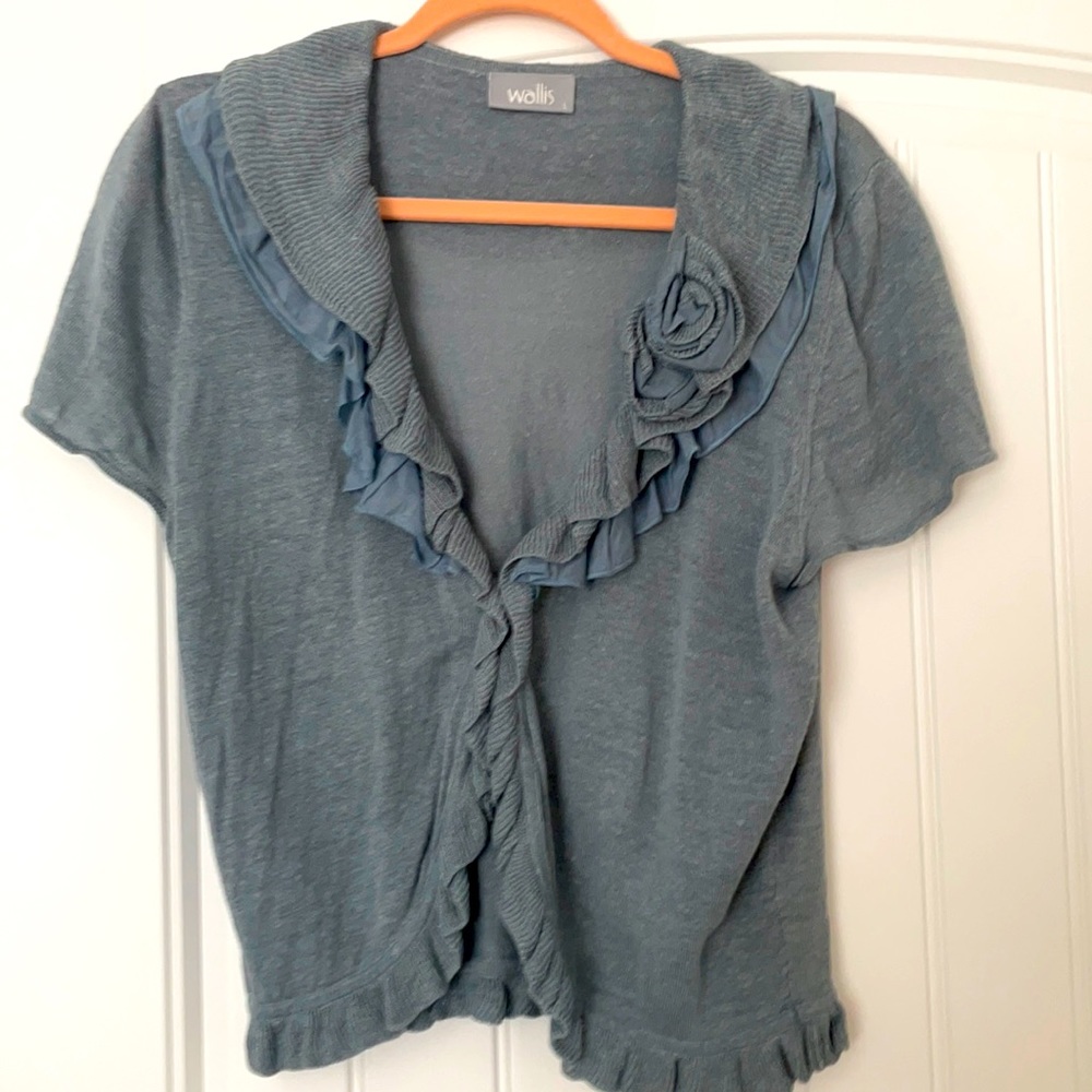 Rose 🌹 Ruffle Cardigan ~ Dusty Blue Linen blend